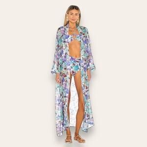 PatBO Blossom Beach Robe in Violet Open Front Waist Tie Purple Blue Chiffon